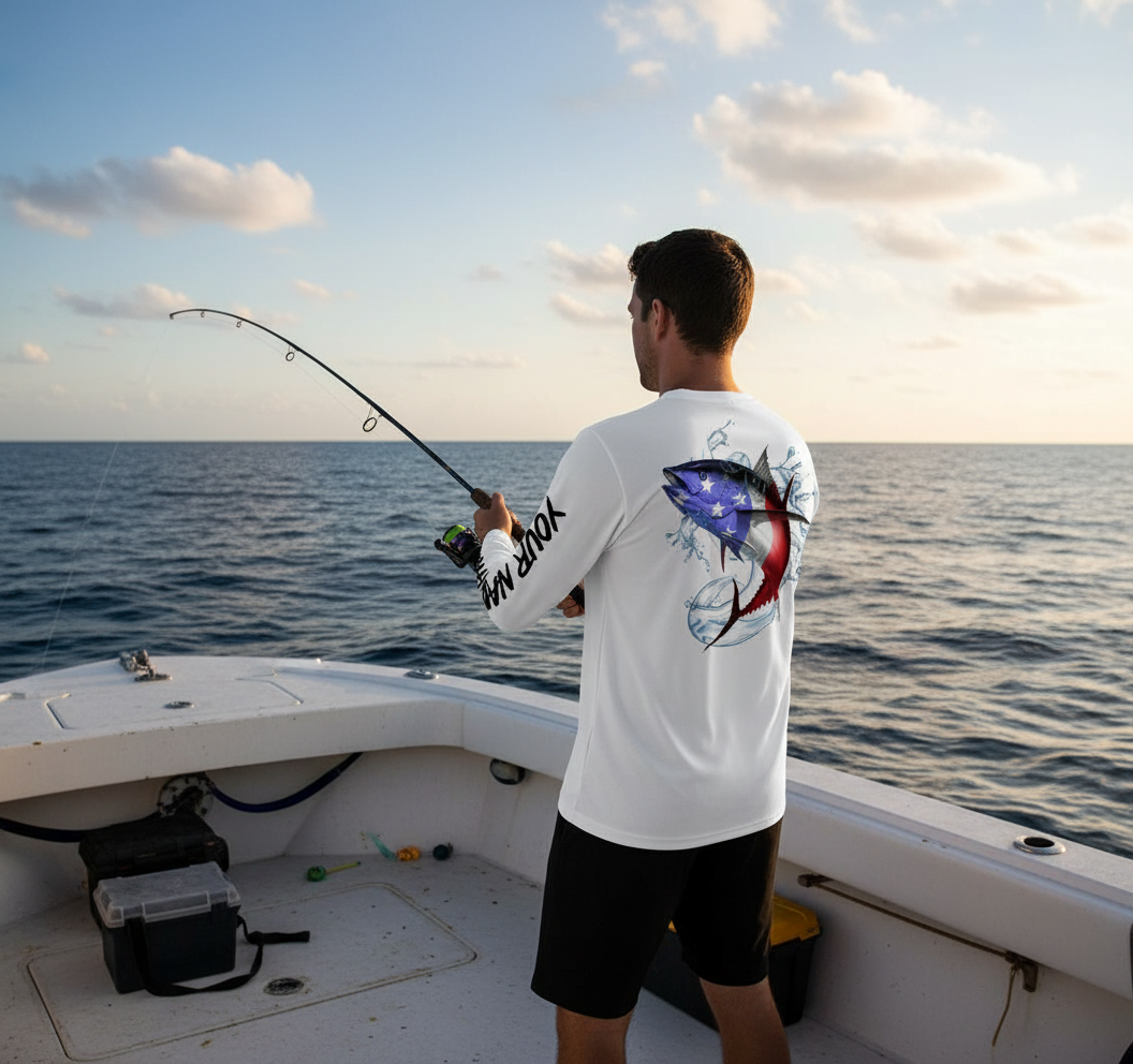 Tuna Fishing American Flag Custom performance Long Sleeve Fishing Shirts, Patriotic Fishing gifts - HPW161