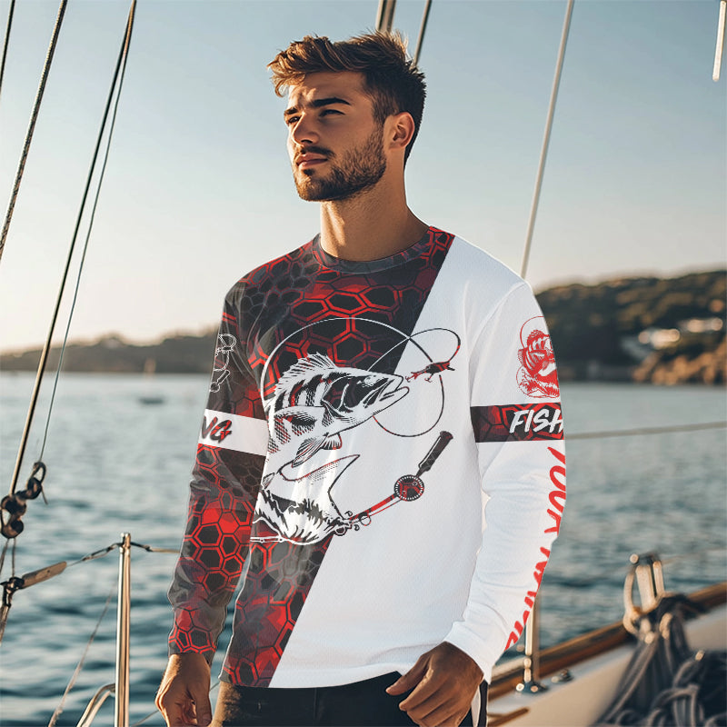 Personalized Black Drum Fishing jerseys, Black Drum Fishing Long Sleeve Fishing tournament shirts | red camo A79