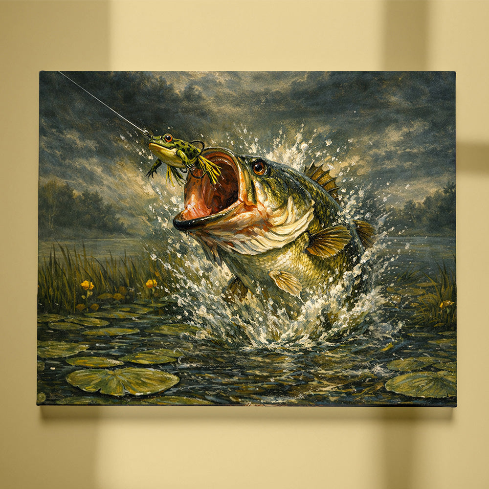 Bass Fish Art Largemouth Bass Exploding on Topwater Frog Fishing Art Canvas Decor