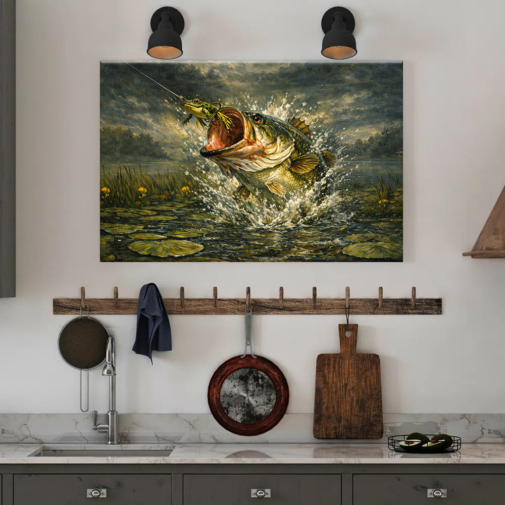Bass Fish Art Largemouth Bass Exploding on Topwater Frog Fishing Art Canvas Decor