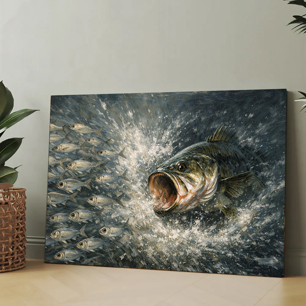 Bass Fish Art Bass Chasing Shad School Fishing Art Canvas Decor