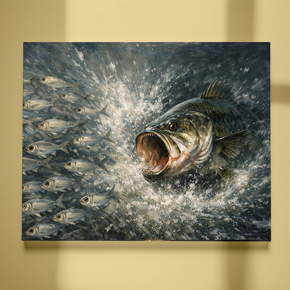 Bass Fish Art Bass Chasing Shad School Fishing Art Canvas Decor