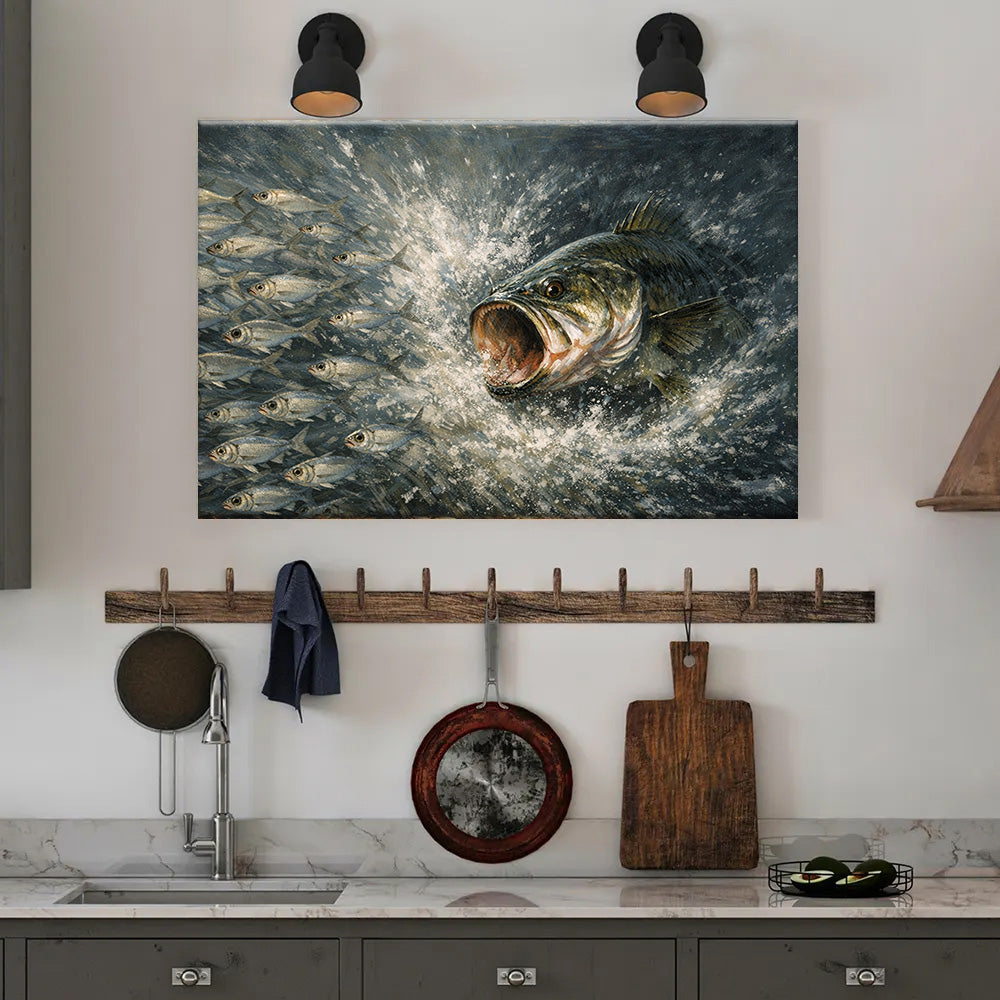 Bass Fish Art Bass Chasing Shad School Fishing Art Canvas Decor
