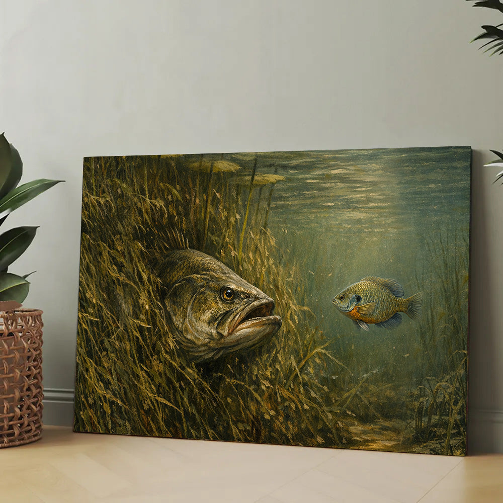 Bass Fish Art Bass Hidden in Weed Bed – The Perfect Ambush Bluegill Fishing Art Canvas Decor