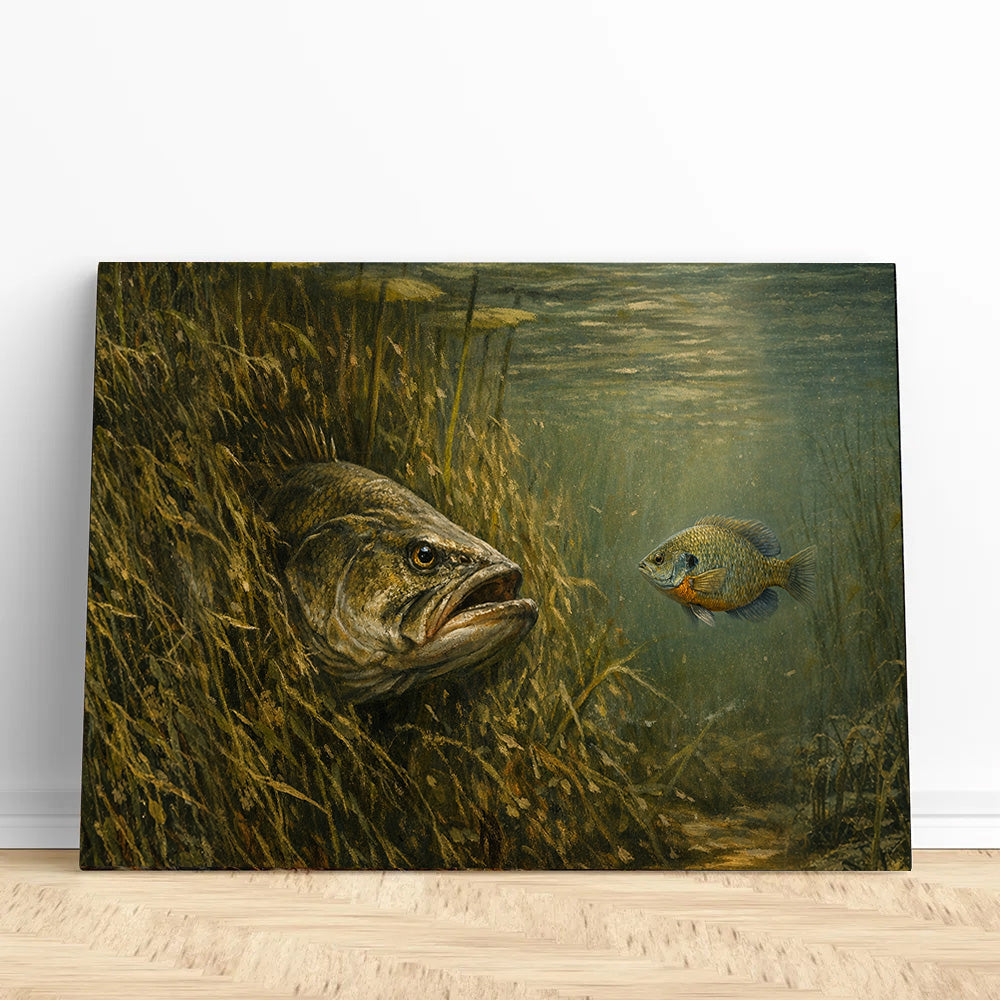 Bass Fish Art Bass Hidden in Weed Bed – The Perfect Ambush Bluegill Fishing Art Canvas Decor