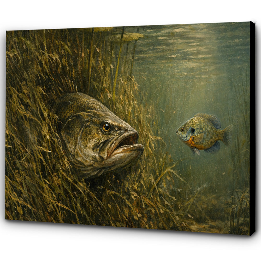 Bass Fish Art Bass Hidden in Weed Bed – The Perfect Ambush Bluegill Fishing Art Canvas Decor