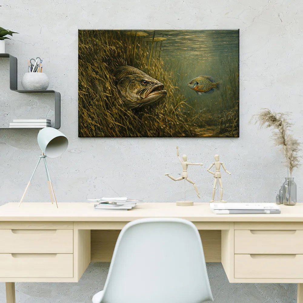 Bass Fish Art Bass Hidden in Weed Bed – The Perfect Ambush Bluegill Fishing Art Canvas Decor