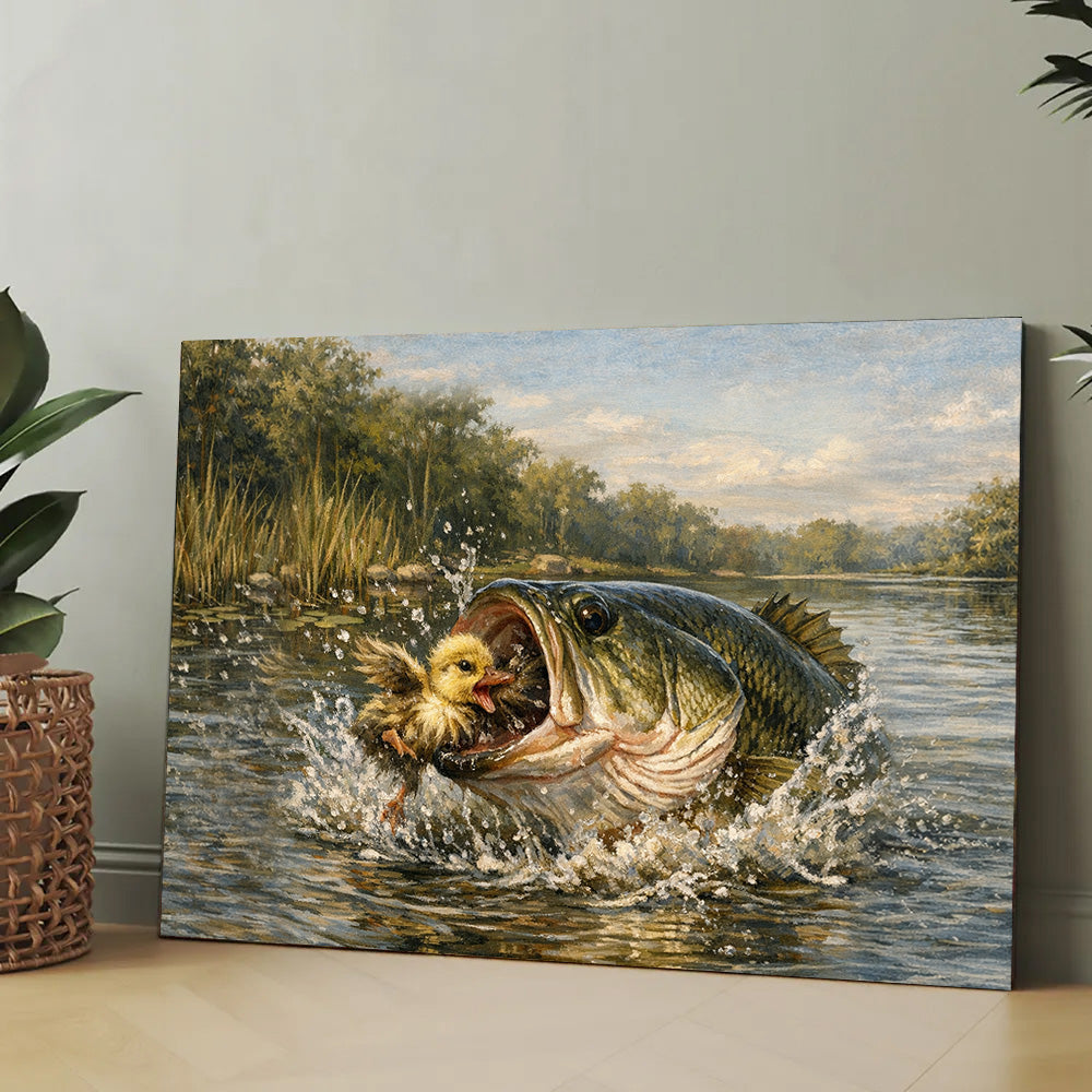 Bass Fish Art Largemouth Bass Eating a Baby Duck Fishing Art Canvas Decor