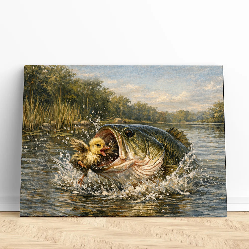 Bass Fish Art Largemouth Bass Eating a Baby Duck Fishing Art Canvas Decor