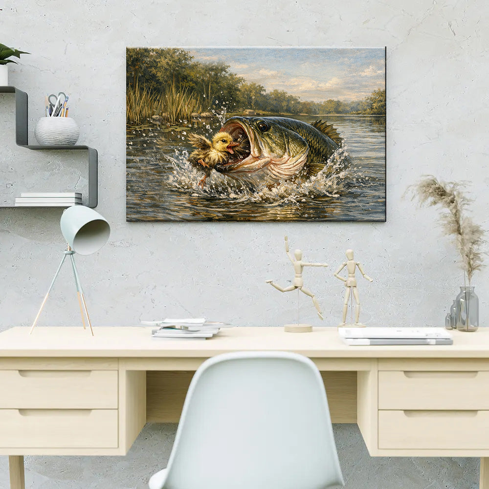 Bass Fish Art Largemouth Bass Eating a Baby Duck Fishing Art Canvas Decor