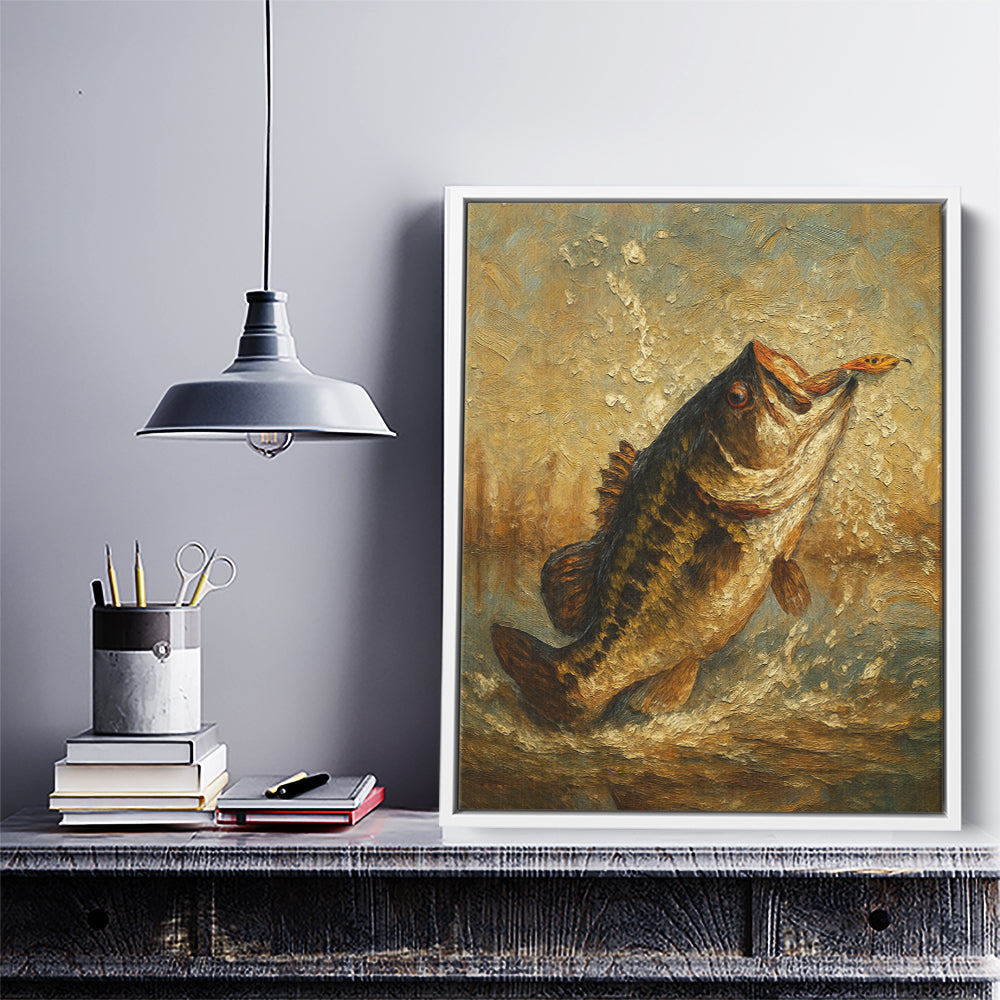Bass Fishing Art Oil Painting Printed Fish Art Framed Matte Canvas