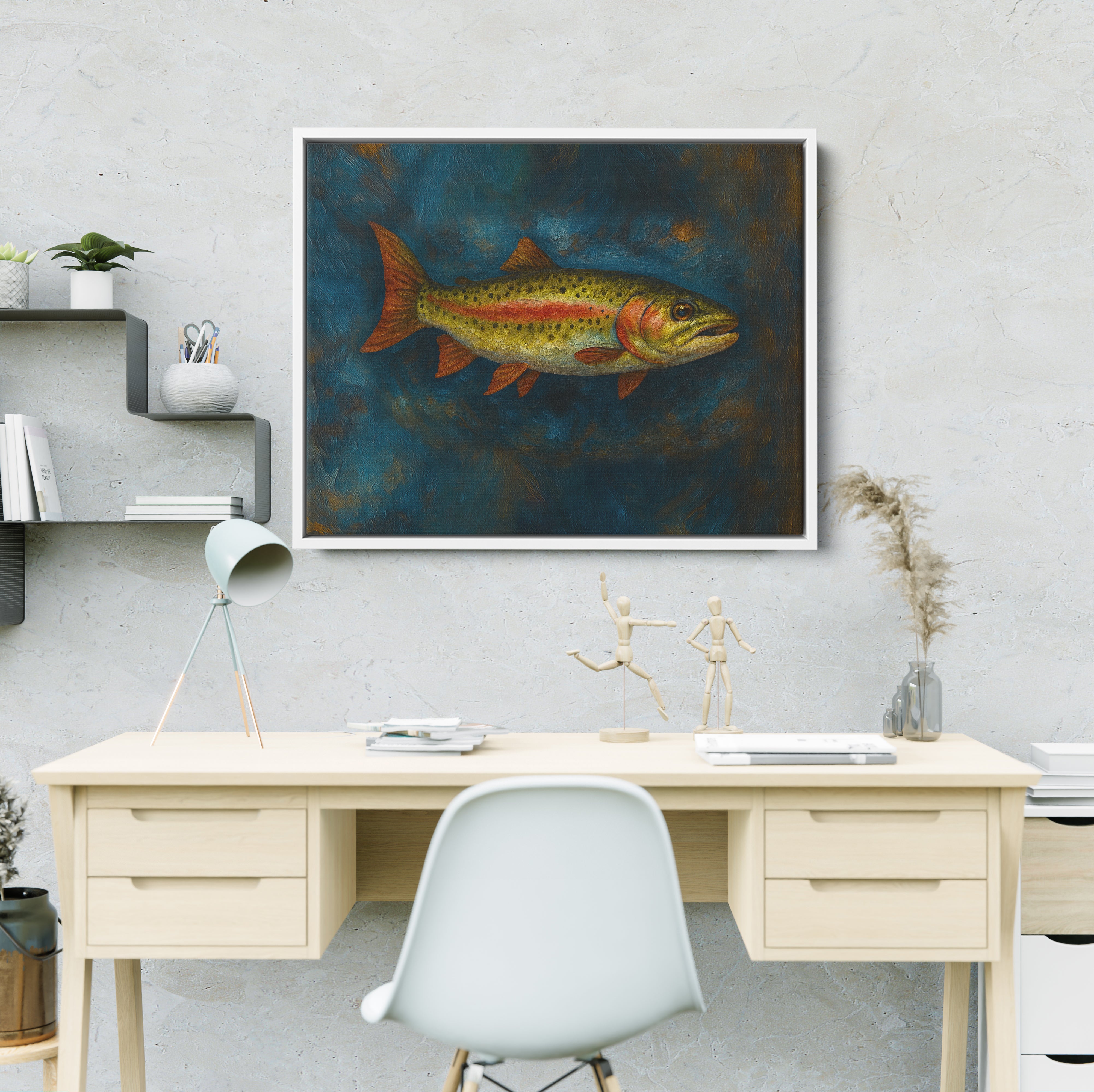 Trout Fishing Art Oil Painting Fish Art Printed Framed Matte Canvas