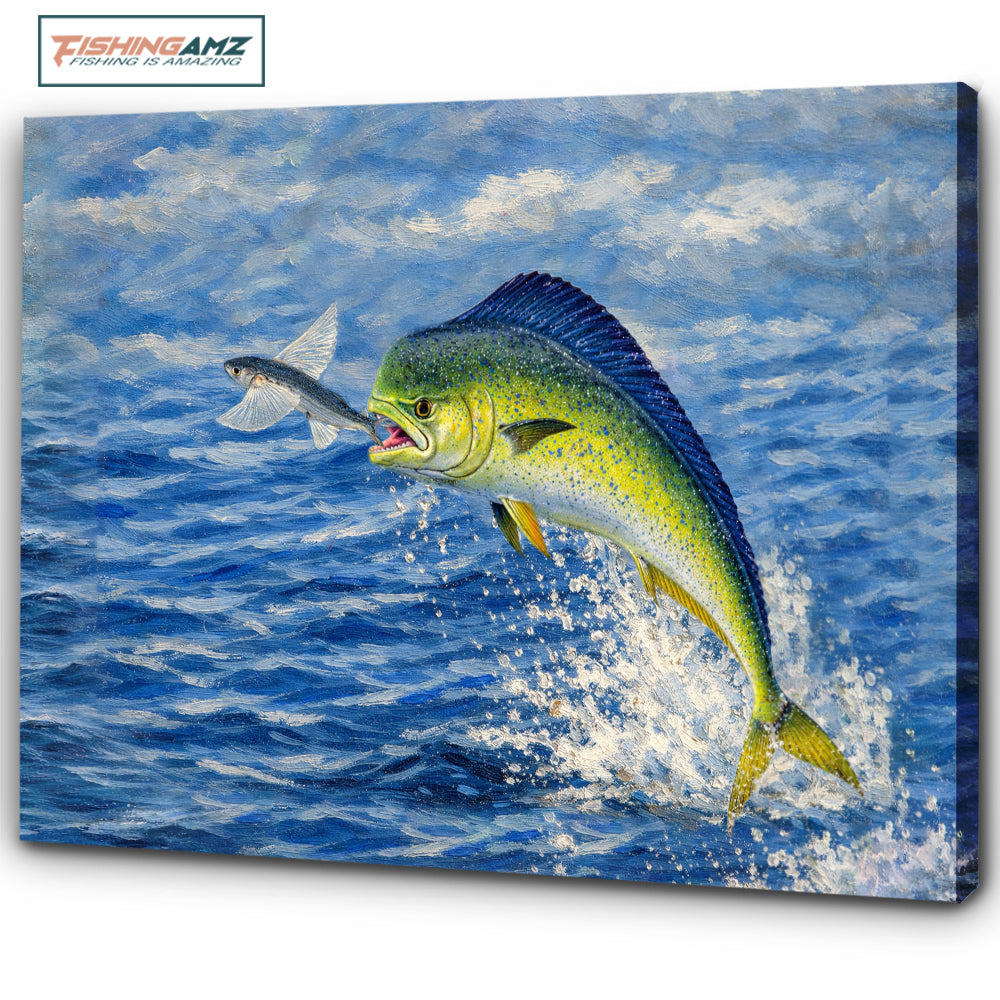 Mid-Air Strike: Mahi Mahi vs Flying Fish – Offshore Fishing Canvas Art