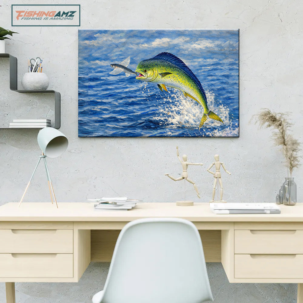 Mid-Air Strike: Mahi Mahi vs Flying Fish – Offshore Fishing Canvas Art