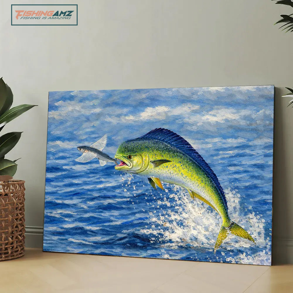 Mid-Air Strike: Mahi Mahi vs Flying Fish – Offshore Fishing Canvas Art