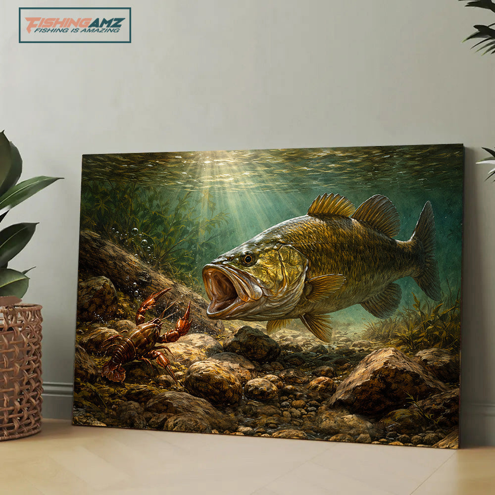 Bass Fish Art Smallmouth Bass vs Crawfish Fishing Wall Art Canvas