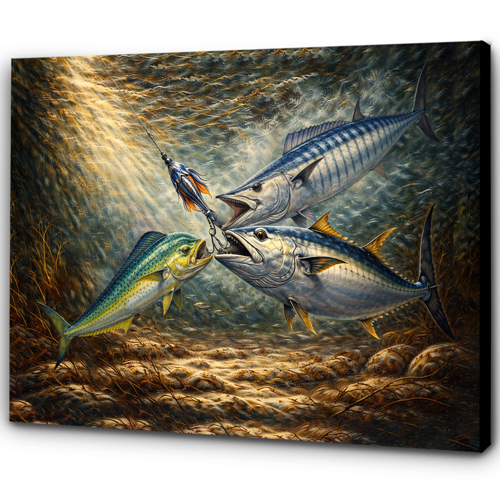 Underwater Battle for the Lure – Mahi Mahi, Wahoo & Bluefin Tuna Painting Matte Canvas