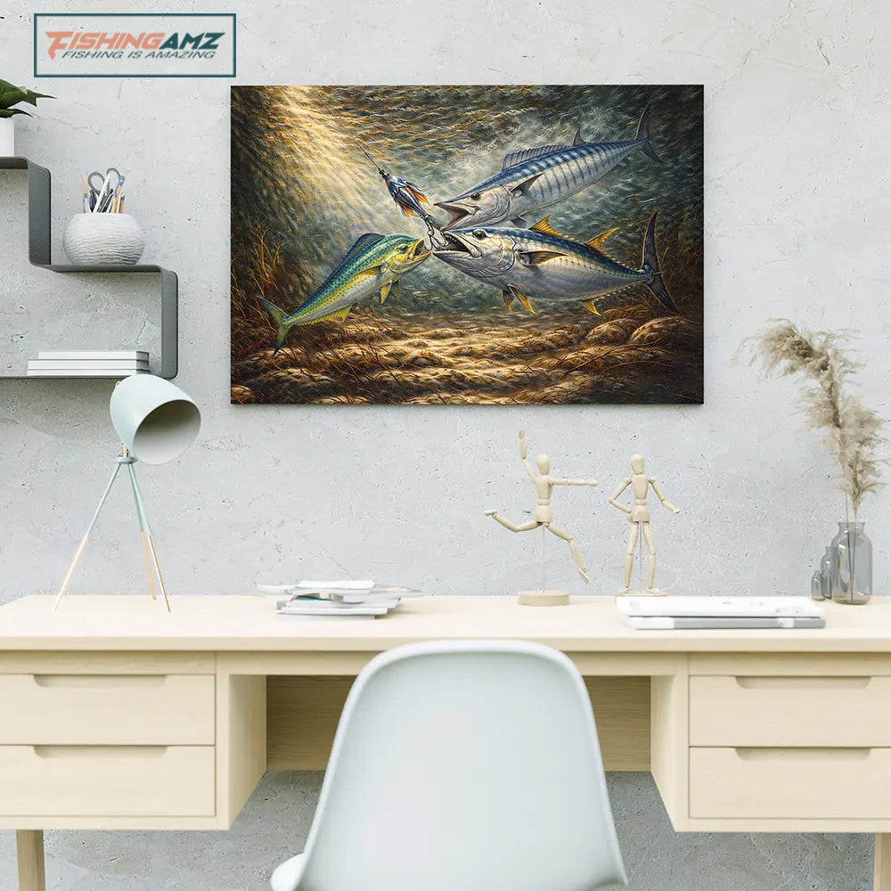 Underwater Battle for the Lure Fish Art – Mahi Mahi, Wahoo & Bluefin Tuna Painting Matte Canvas