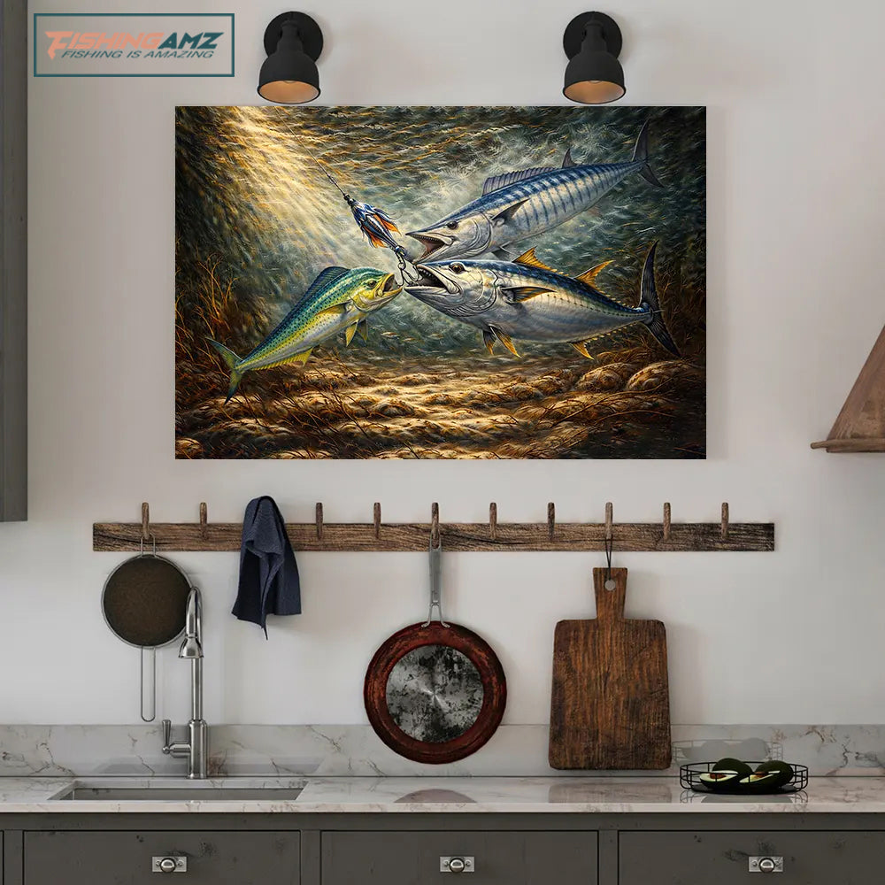 Underwater Battle for the Lure Fish Art – Mahi Mahi, Wahoo & Bluefin Tuna Painting Matte Canvas