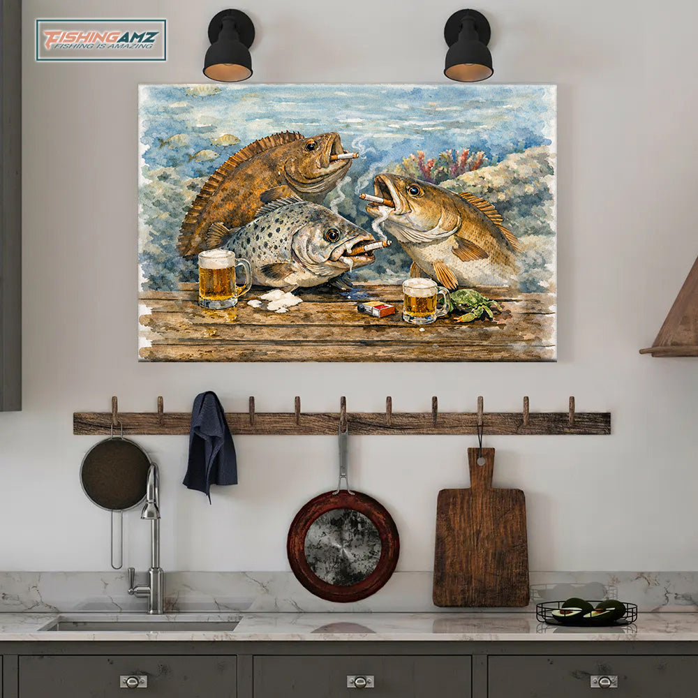 Texas Slam fishing art fish enjoying drinks underwater canvas