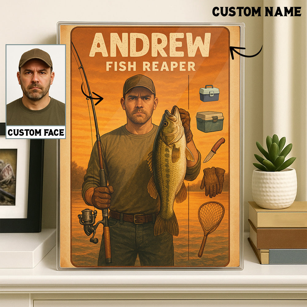 Fish reaper sunset lake acrylic plaque custom name and face for fisherman