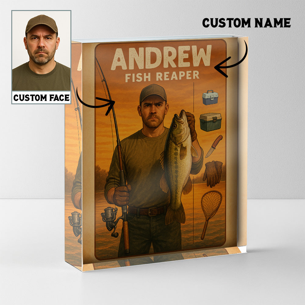 Fish reaper sunset lake acrylic plaque custom name and face for fisherman