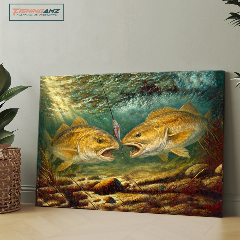 Battle Underwater: Redfish Red Drum Fish Art Canvas Painting Matte Canvas