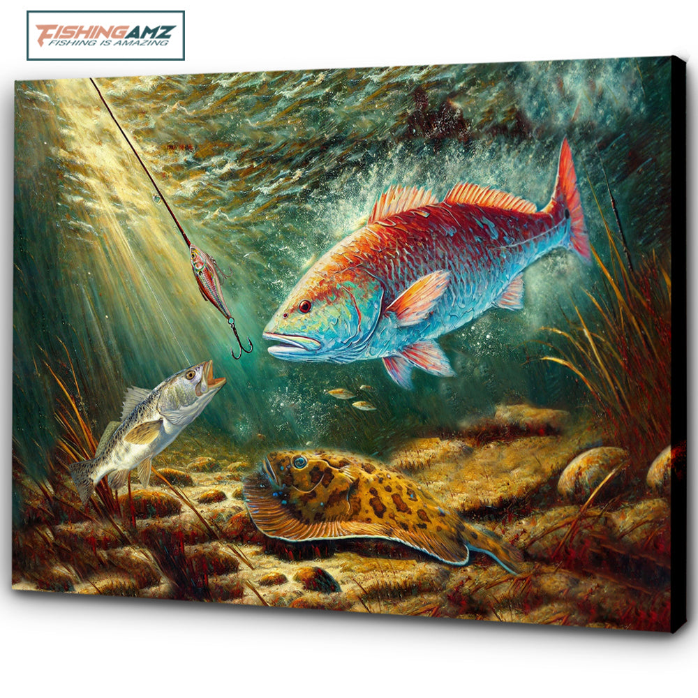 Battle Underwater: Texas Slam Fish Art Canvas Painting Matte Canvas