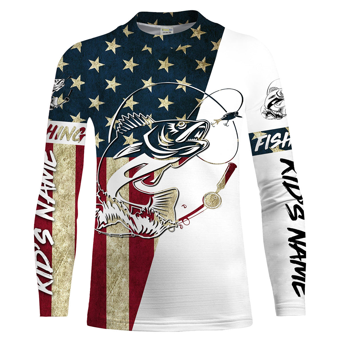 Walleye Fishing American Flag Custom Kid Long Sleeve Fishing Shirts, Personalized Patriotic Fishing Gifts UV clothing - IPHW1109