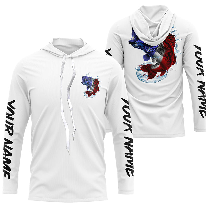 Bass Fishing American Flag Custom Long Sleeve Performance Shirts, Patriotic Bass Fishing Jerseys IPHW6398