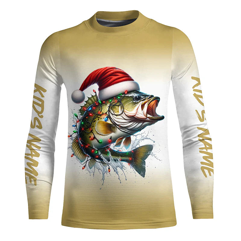 Christmas Lights String Bass Christmas Fishing Kid Shirts With Customized Name, Xmas Fishing Gifts IPHW5584
