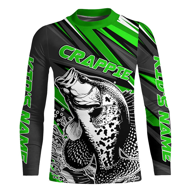 Youth Personalized Crappie Fishing Jerseys, Crappie Long Sleeve Tournament Fishing Shirts | Green IPHW6076