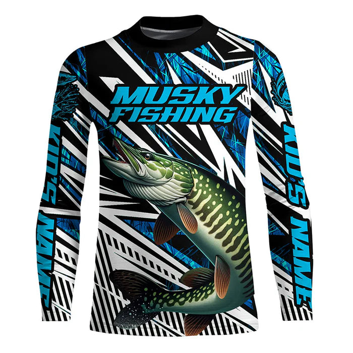 Youth Musky Fishing Custom Long Sleeve Tournament Shirts, Blue Grass Camo Musky Fishing Jerseys IPHW6088