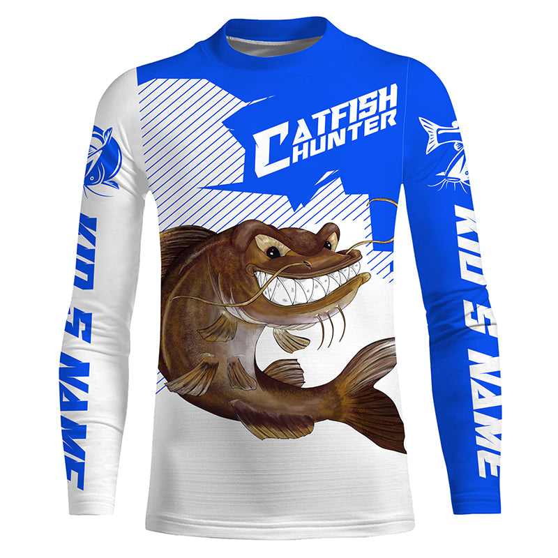 Angry Catfish Custom Kid Long sleeve performance Fishing Shirts, Catfish hunter Fishing jerseys | blue IPHW3379