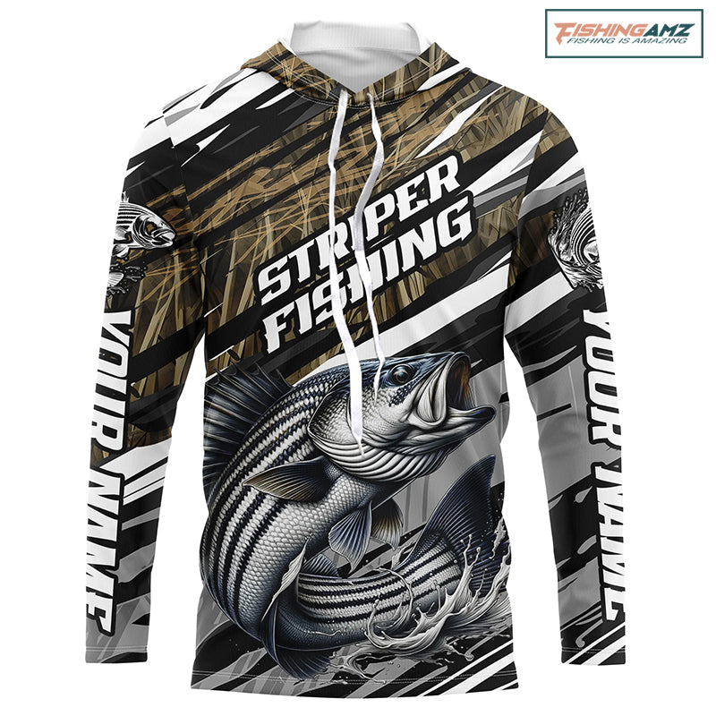 Striped Bass Fishing Camo Long Sleeve Fishing Shirts, Custom Striper Tournament Fishing Jerseys IPHW5954