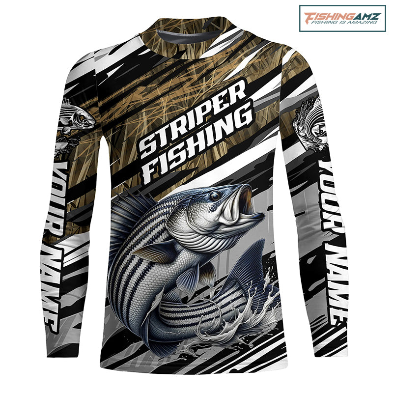 Striped Bass Fishing Camo Kid Long Sleeve Fishing Shirts, Custom Striper Tournament Fishing Jerseys IPHW5954