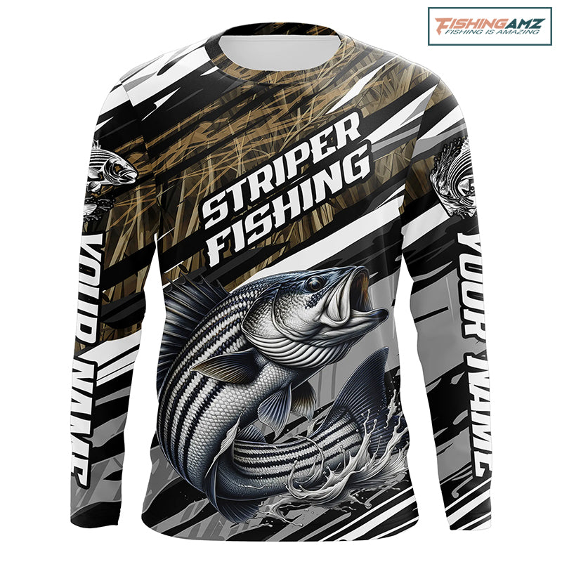 Striped Bass Fishing Camo Long Sleeve Fishing Shirts, Custom Striper Tournament Fishing Jerseys IPHW5954