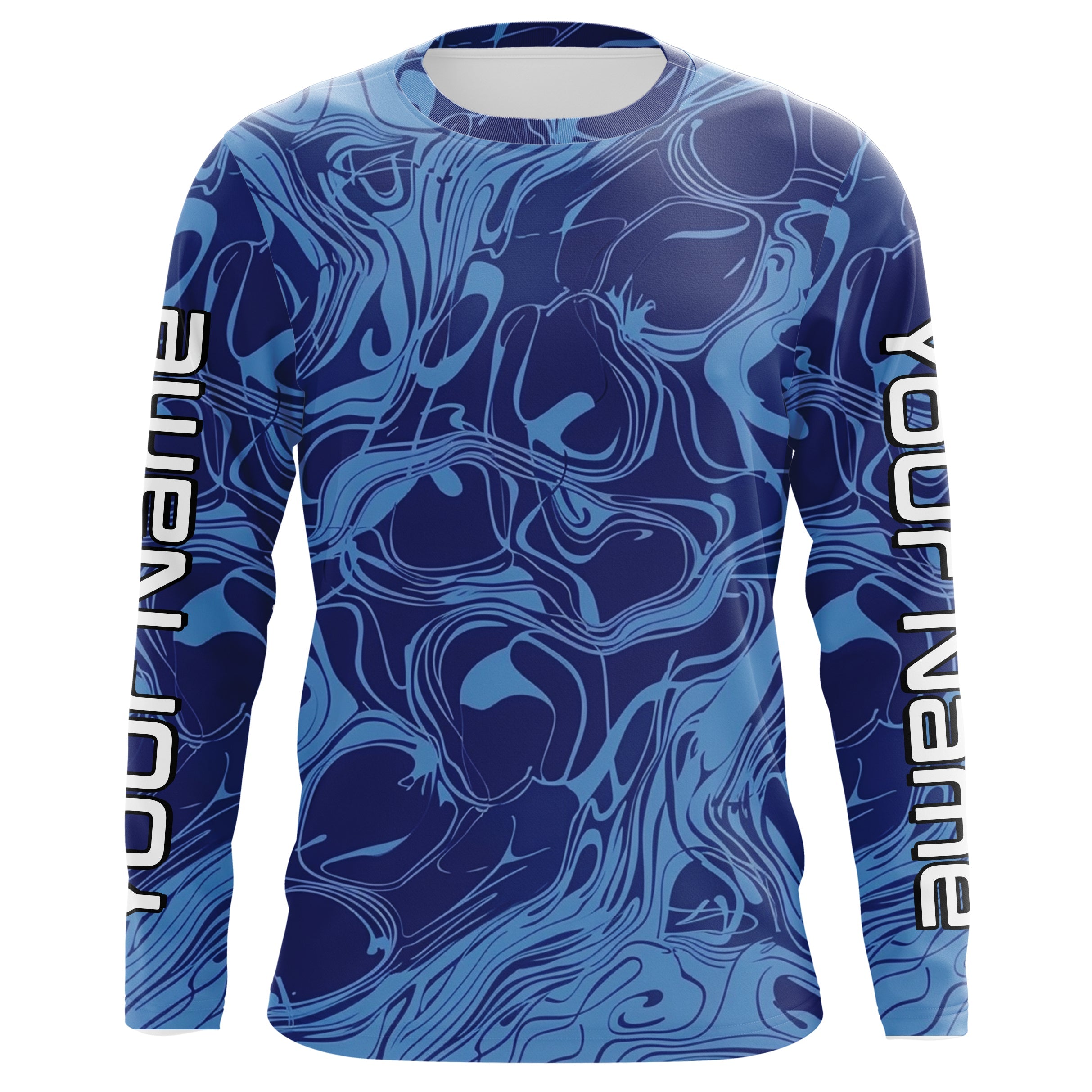 Water Pattern Camo Custom Long Sleeve Performance Fishing Shirts, Blue Camo Fishing Jerseys IPHW5973