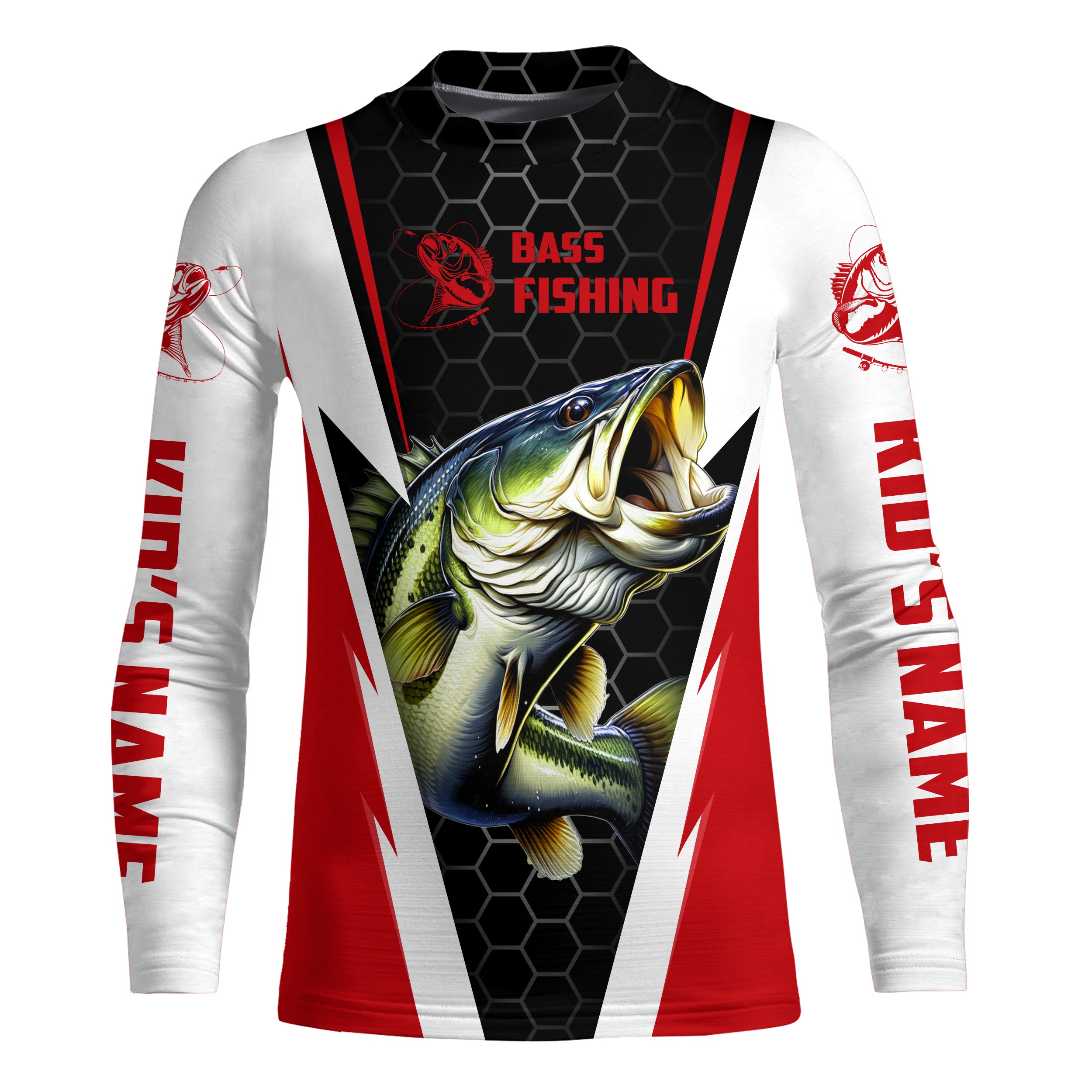 Personalized Bass Fishing jerseys, Bass Fishing Kid Long Sleeve Fishing tournament shirts | red IPHW3400