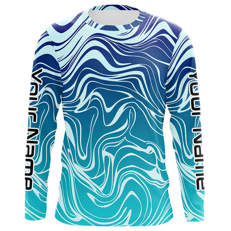 Blue Water Camo Custom Long Sleeve Performance Fishing Shirts, Sun Protection Fishing Jerseys IPHW5863