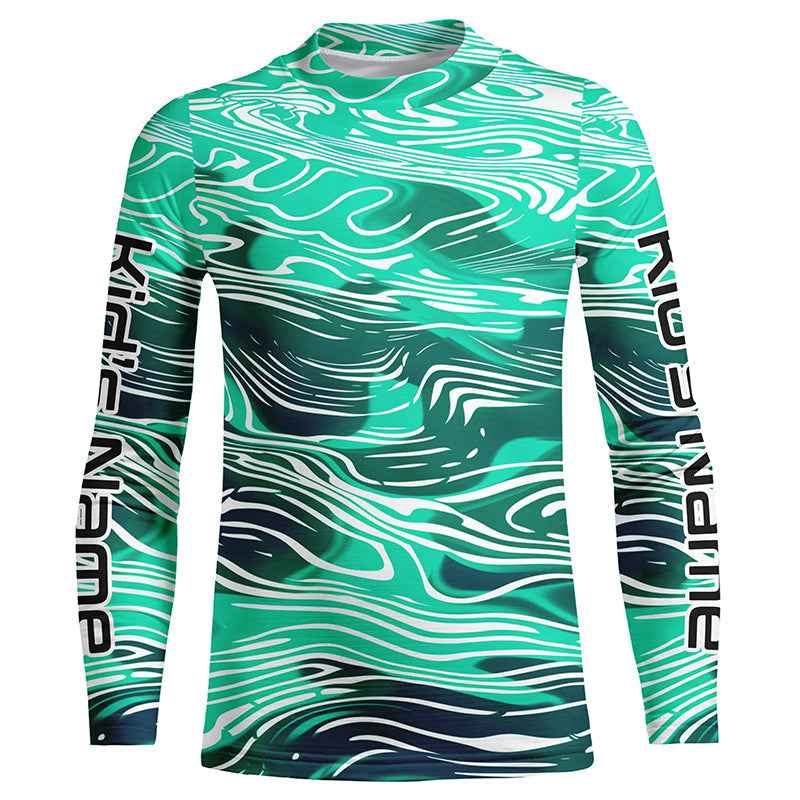 Green Water Camo Custom Long Sleeve Tournament Fishing Shirts, Uv Protection Fishing Jerseys IPHW5867