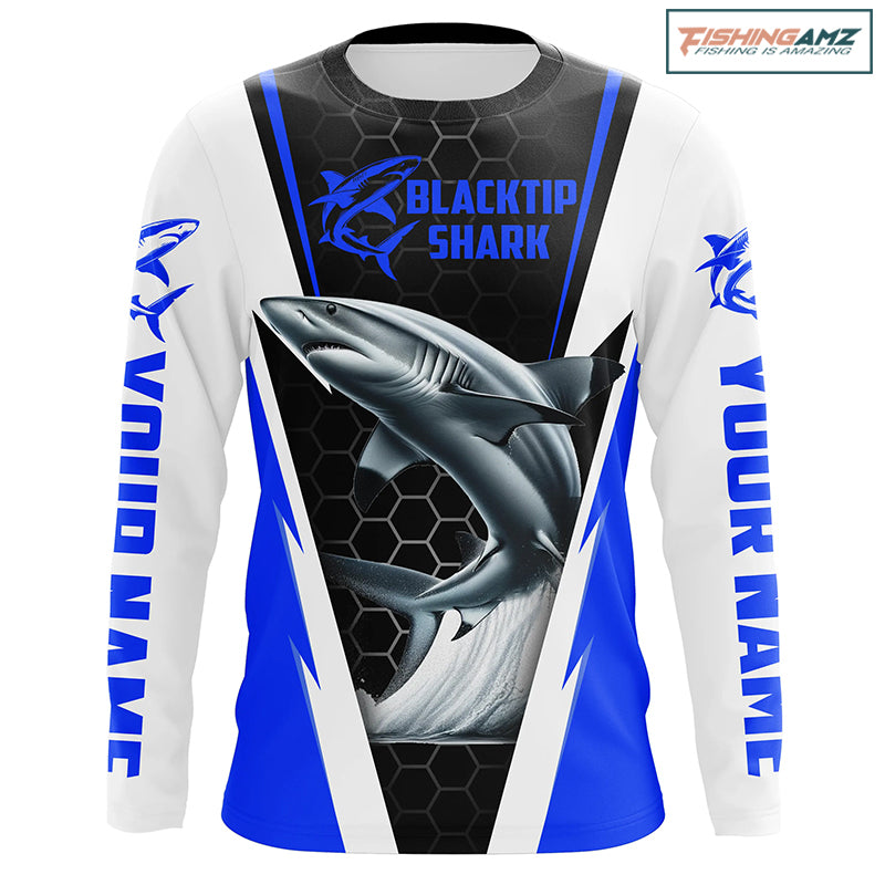 Blacktip Shark Fishing Custom Long Sleeve Performance Shirts, Shark Fishing Apparel | Blue IPHW6305