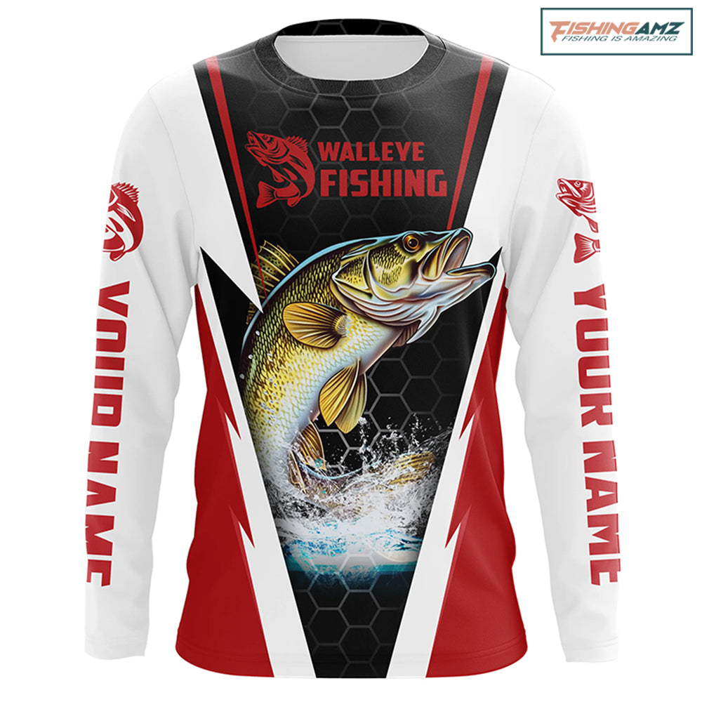 Custom Walleye Fishing Jerseys, Walleye Long Sleeve Tournament Fishing Shirts | Red IPHW5714