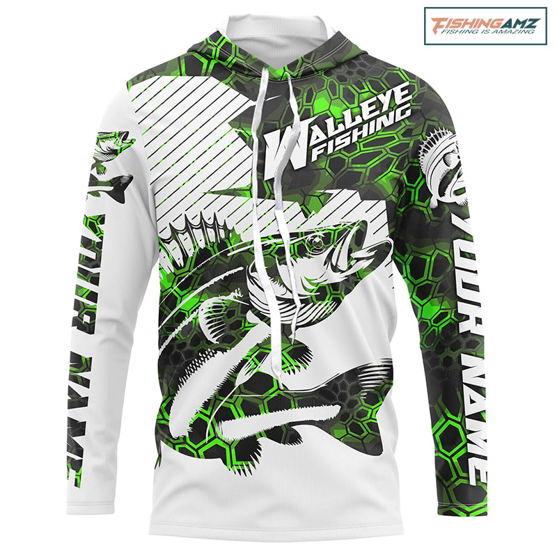Custom Walleye Fishing Jerseys, Walleye Fishing Long Sleeve Fishing Tournament Shirts | Green Camo IPHW5730
