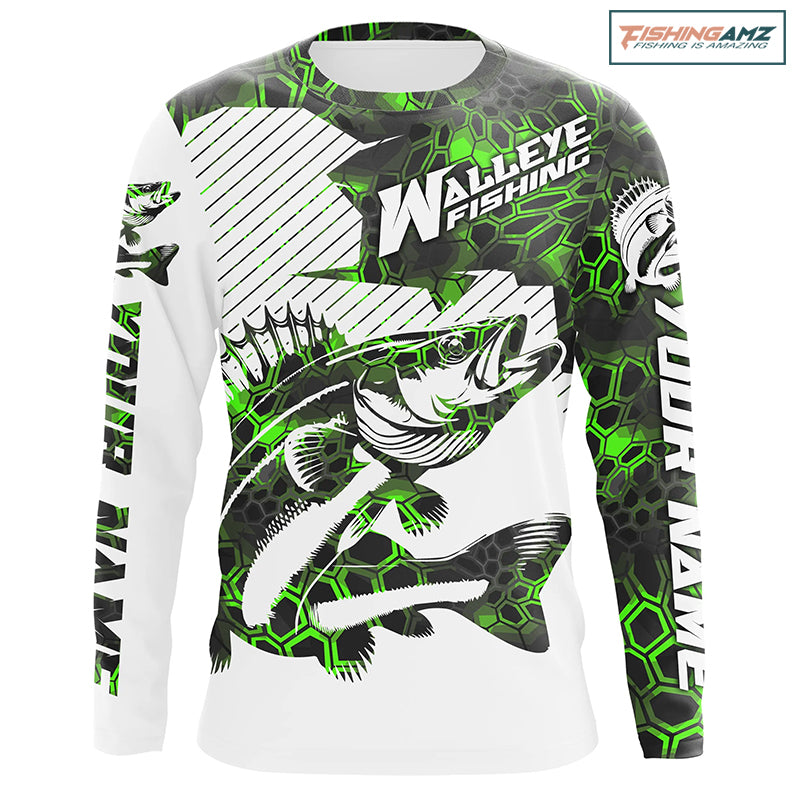 Custom Walleye Fishing Jerseys, Walleye Fishing Long Sleeve Fishing Tournament Shirts | Green Camo IPHW5730