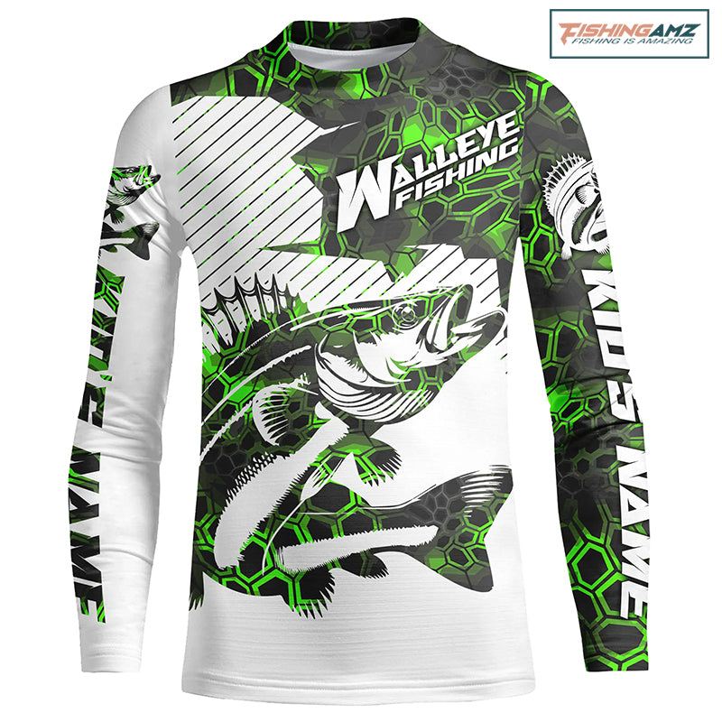Custom Walleye Fishing Jerseys, Walleye Fishing Long Sleeve Fishing Tournament Shirts | Green Camo IPHW5730