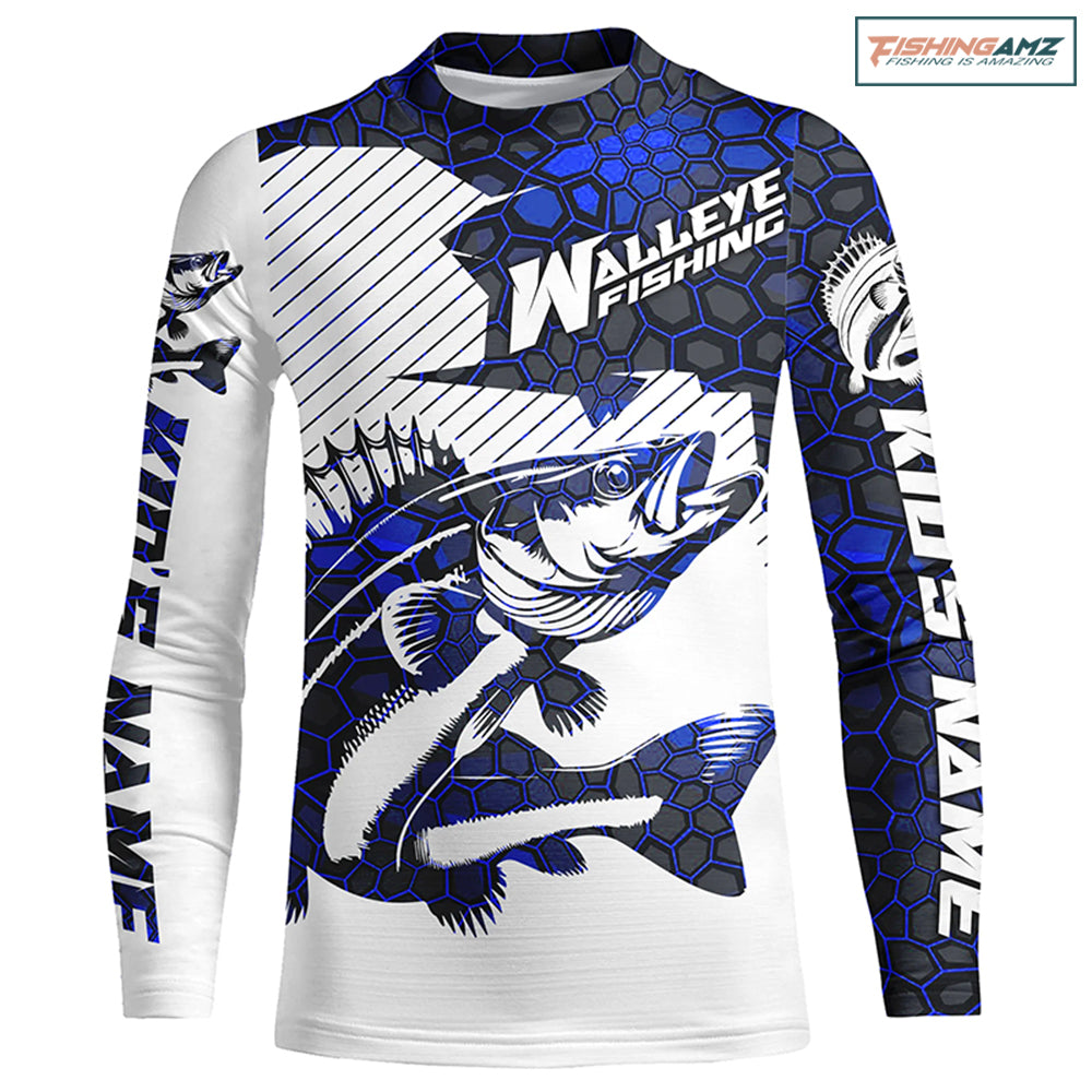 Custom Walleye Fishing Jerseys, Walleye Fishing Long Sleeve Fishing Tournament Shirts | Blue Camo IPHW5731