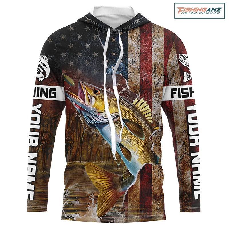 Personalized American Flag Walleye Fishing Shirts,Vintage Patriotic Walleye Fishing Apparel IPHW5734