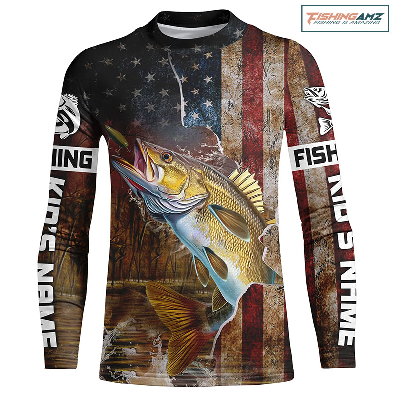 Personalized American Flag Walleye Fishing Shirts,Vintage Patriotic Walleye Fishing Apparel IPHW5734