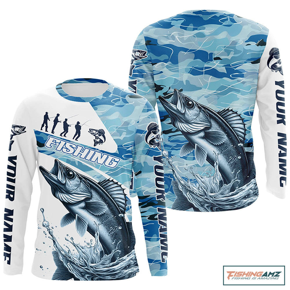 Walleye Fishing Custom Long Sleeve Tournament Shirts, Blue Camo Walleye Fishing Jersey For Fisherman IPHW6319